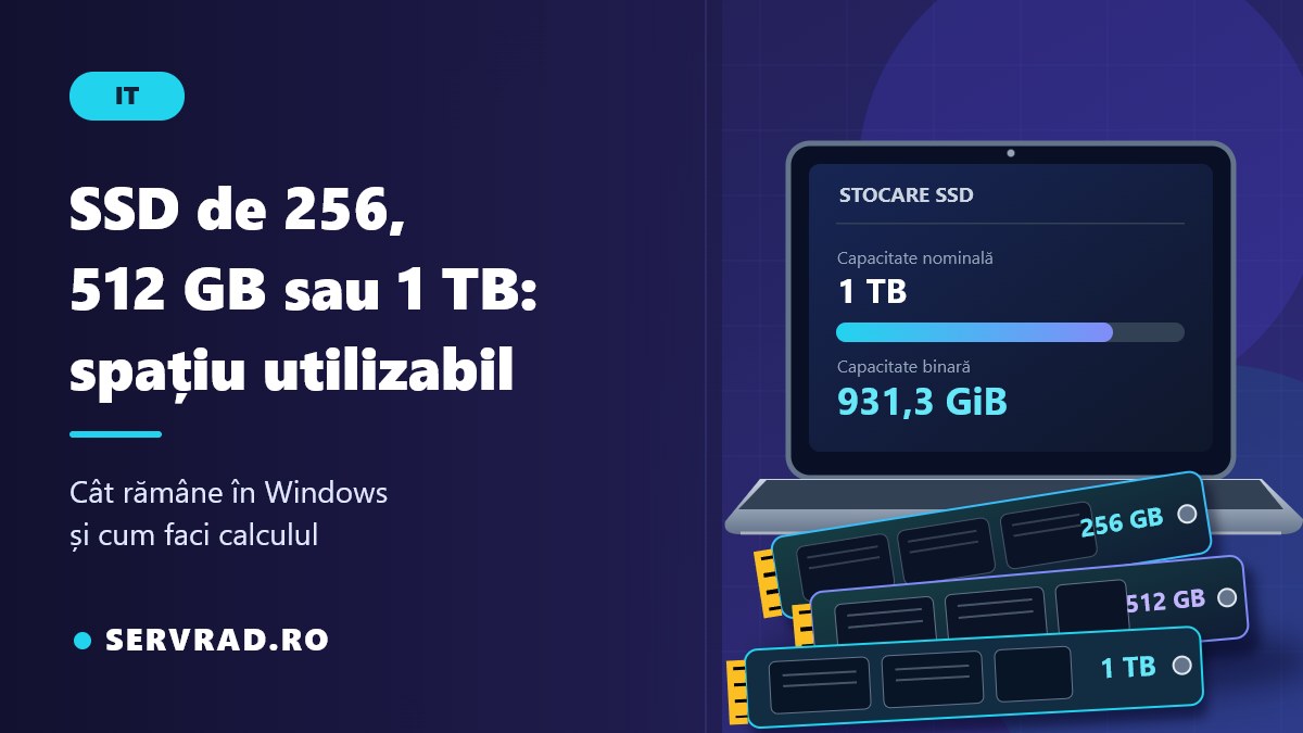 SSD-uri de 256 GB, 512 GB și 1 TB ilustrate lângă un laptop care afișează spațiul de stocare disponibil