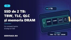 SSD NVMe de 2 TB ilustrat cu cipuri NAND, controller și memorie DRAM, alături de specificațiile TBW, TLC și QLC.
