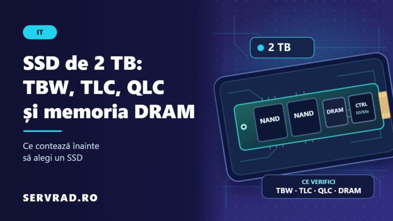 SSD NVMe de 2 TB ilustrat cu cipuri NAND, controller și memorie DRAM, alături de specificațiile TBW, TLC și QLC.