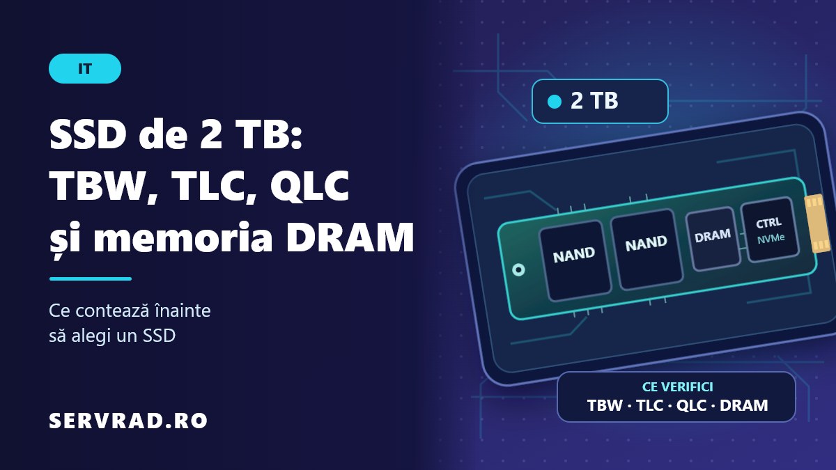 SSD NVMe de 2 TB ilustrat cu cipuri NAND, controller și memorie DRAM, alături de specificațiile TBW, TLC și QLC.