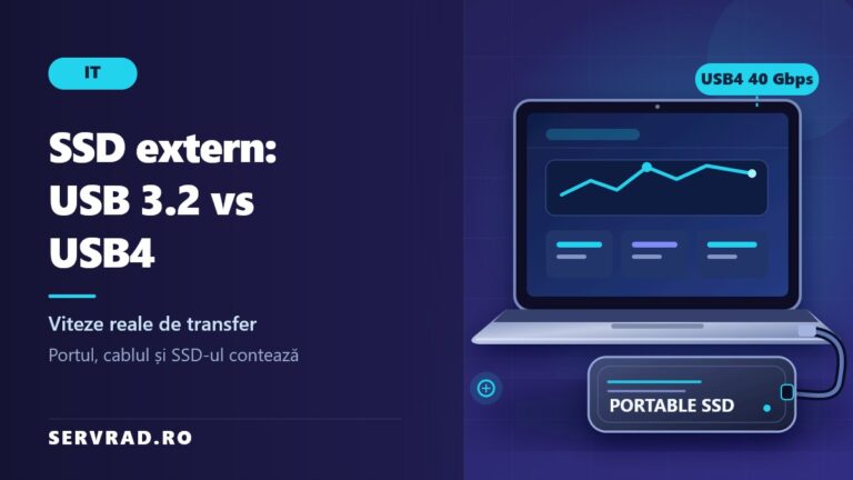 SSD extern conectat prin cablu USB-C la un laptop, cu reprezentarea grafică a transferului de date și a interfeței USB4.