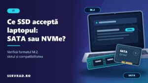 Laptop deschis cu un SSD M.2 NVMe și un SSD SATA de 2,5 inci, ilustrând diferențele de format și compatibilitate.