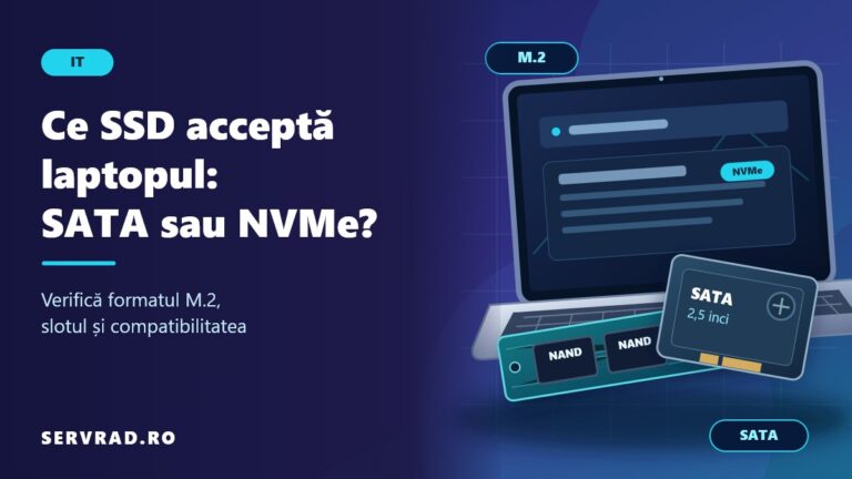 Laptop deschis cu un SSD M.2 NVMe și un SSD SATA de 2,5 inci, ilustrând diferențele de format și compatibilitate.