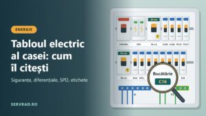 Tablou electric de casă cu ușa deschisă, rânduri de siguranțe automate etichetate, un diferențial și un descărcător de supratensiune, cu o lupă peste eticheta unui circuit