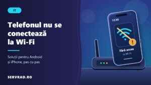 Telefon cu simbol Wi-Fi întrerupt și semn de avertizare, lângă un router wireless, într-o ilustrație despre depanarea conexiunii pe Android și iPhone.