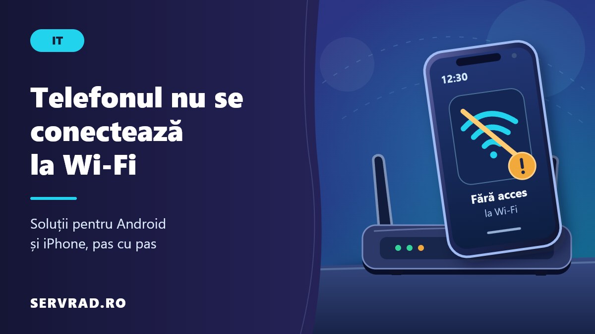 Telefon cu simbol Wi-Fi întrerupt și semn de avertizare, lângă un router wireless, într-o ilustrație despre depanarea conexiunii pe Android și iPhone.