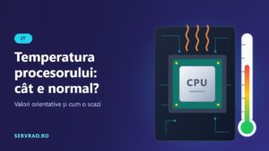 Procesor cu radiator și ventilator lângă un termometru care indică temperatura, ilustrație despre temperatura normală a procesorului