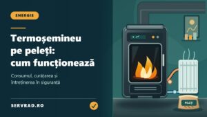 Termoșemineu pe peleți ilustrat în secțiune, cu flacără vizibilă, rezervor de peleți, conducte de apă caldă, calorifer și sistem de evacuare a gazelor arse