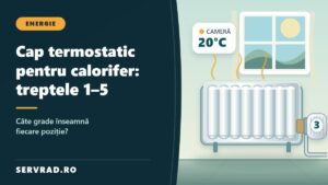Cap termostatic montat pe un calorifer, reglat la treapta 3, într-o cameră încălzită la aproximativ 20 de grade Celsius.