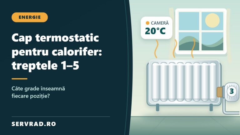 Cap termostatic montat pe un calorifer, reglat la treapta 3, într-o cameră încălzită la aproximativ 20 de grade Celsius.