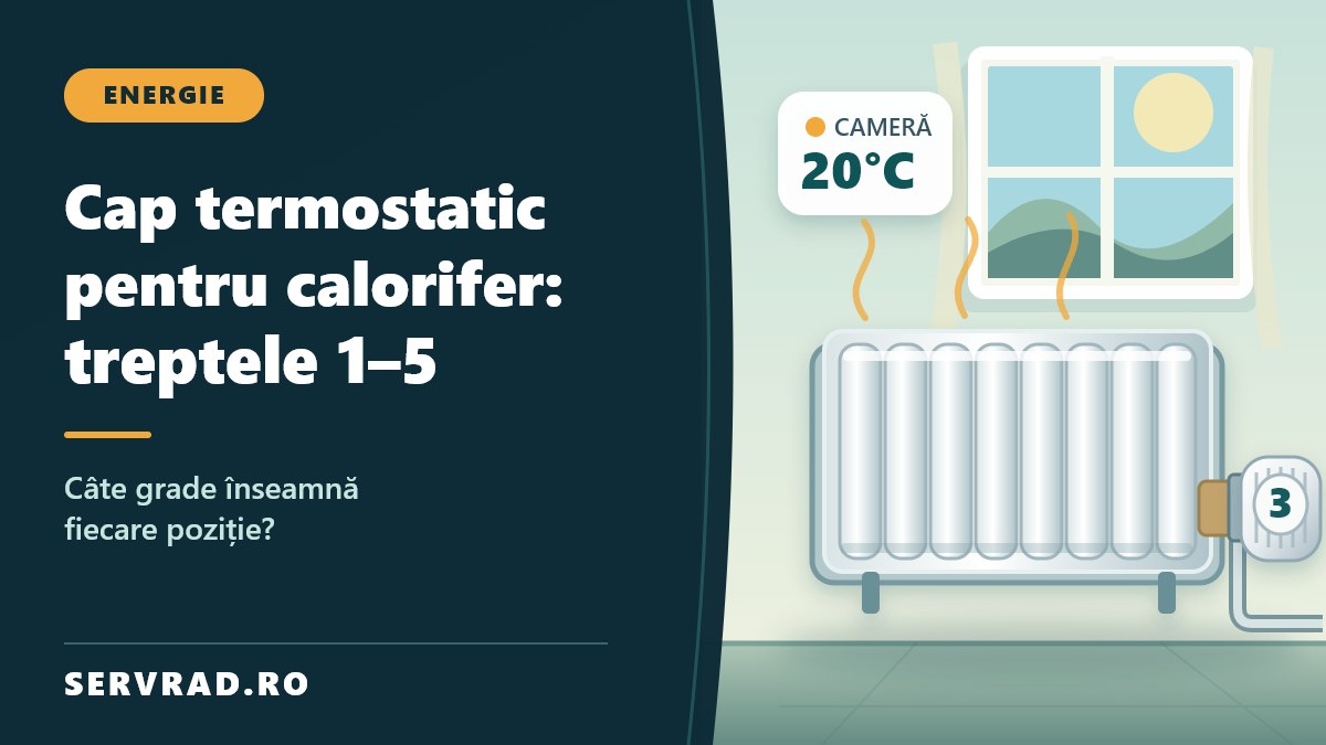 Cap termostatic montat pe un calorifer, reglat la treapta 3, într-o cameră încălzită la aproximativ 20 de grade Celsius.