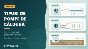 Ilustrație comparativă cu trei tipuri de pompe de căldură: aer-aer cu unitate interioară, aer-apă conectată la încălzirea casei și sol-apă cu circuit subteran.