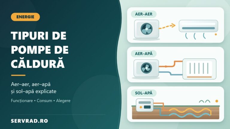 Ilustrație comparativă cu trei tipuri de pompe de căldură: aer-aer cu unitate interioară, aer-apă conectată la încălzirea casei și sol-apă cu circuit subteran.