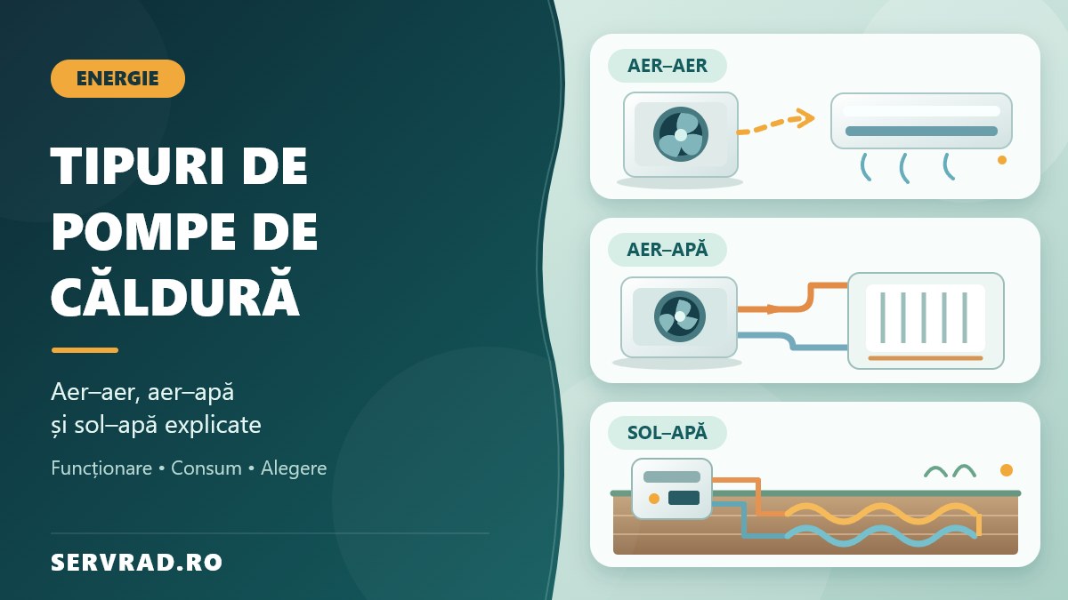 Ilustrație comparativă cu trei tipuri de pompe de căldură: aer-aer cu unitate interioară, aer-apă conectată la încălzirea casei și sol-apă cu circuit subteran.