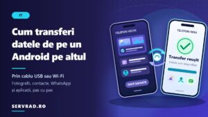 Două telefoane Android între care sunt transferate fotografii, contacte, mesaje și aplicații, prin cablu USB-C sau conexiune wireless.