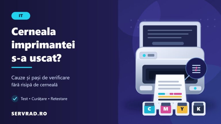 Imprimantă inkjet cu foaie imprimată incomplet, cartușe color și ilustrație a duzelor înfundate, alături de titlul despre cerneala uscată