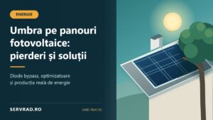 Panouri fotovoltaice montate pe acoperișul unei case, parțial umbrite de un copac, cu zone iluminate și zone umbrite evidențiate.