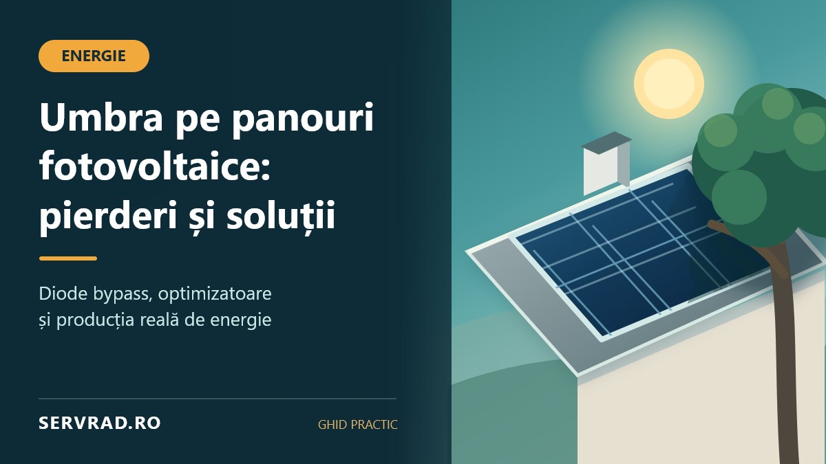 Panouri fotovoltaice montate pe acoperișul unei case, parțial umbrite de un copac, cu zone iluminate și zone umbrite evidențiate.
