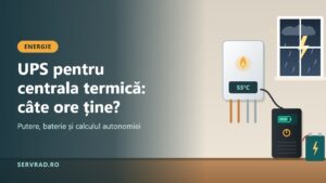 Centrală termică pe gaz montată pe perete, conectată la un UPS cu baterie, cu furtună și fulger la fereastră