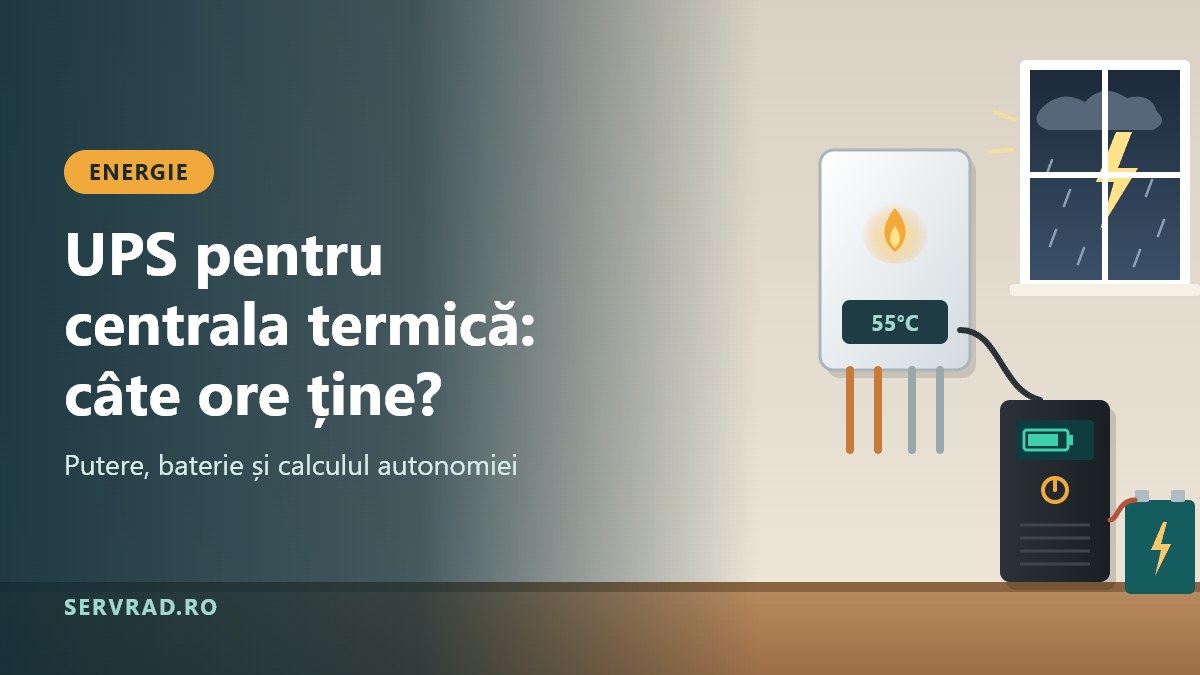 Centrală termică pe gaz montată pe perete, conectată la un UPS cu baterie, cu furtună și fulger la fereastră