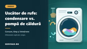 Uscător de rufe modern cu tambur transparent, rufe colorate și reprezentarea circuitului de aer cald, alături de titlul comparației dintre condensare și pompă de căldură.