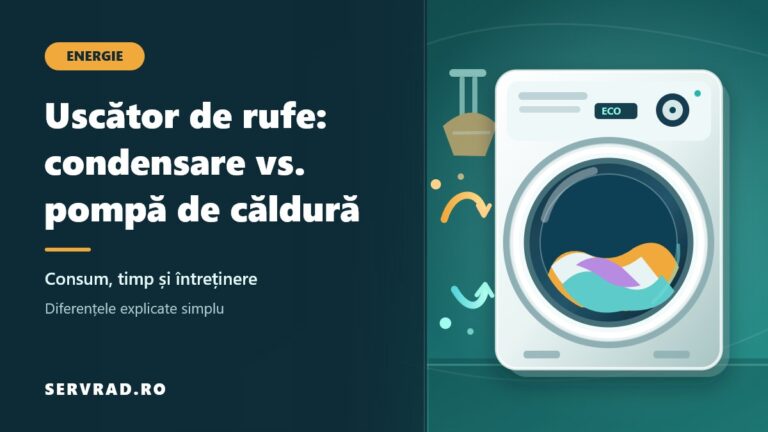Uscător de rufe modern cu tambur transparent, rufe colorate și reprezentarea circuitului de aer cald, alături de titlul comparației dintre condensare și pompă de căldură.