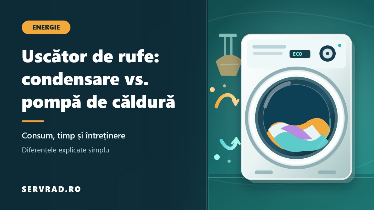Uscător de rufe modern cu tambur transparent, rufe colorate și reprezentarea circuitului de aer cald, alături de titlul comparației dintre condensare și pompă de căldură.