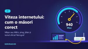 Laptop conectat prin cablu la router, cu un vitezometru care arată rezultatul unui test de viteză a internetului