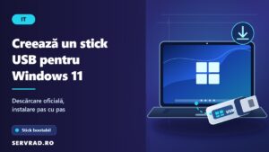 Laptop cu Windows 11 afișat pe ecran, stick USB de instalare și simboluri de descărcare, într-o ilustrație despre crearea unui stick bootabil oficial.