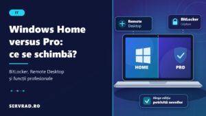 Comparație Windows 11 Home versus Pro pe ecranul unui laptop, cu simboluri pentru criptarea BitLocker, accesul Remote Desktop și funcțiile profesionale.